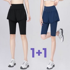 BIKASU 여성 여름 필라테스 요가 하이웨스트 바지 레이어드 5부 레깅스 냉감 운동 반바지 일체형 1+1