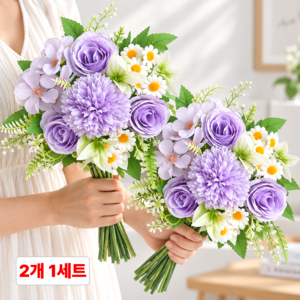 화예원 성묘 조화 꽃다발 생화같은 데이지 카네이션 산소 꽃 납골당 미니 꽃다발, 2개, 퍼플
