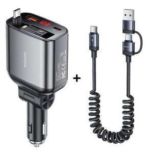Toocki 105W 4in1 릴타입 C타입 시거잭 차량용 고속 충전기, 그레이, TQ-CC38-A
