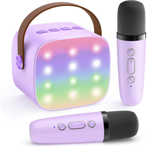 SUUNI 키즈 미니 블루투스 스피커 듀얼 마이크 USB 인식 LED 기능 어린이 노래방 선물, 1개, Purple