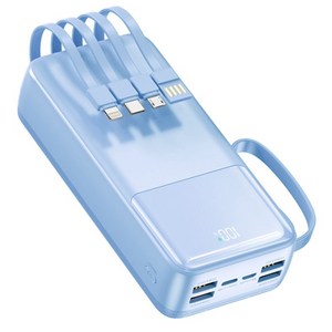 아우스힐 LCD잔량표시 QC 3.0 PD 22.5W 초고속충전 4개 케이블 멀티단자 대용량 보조배터리 30000mAh, 블루