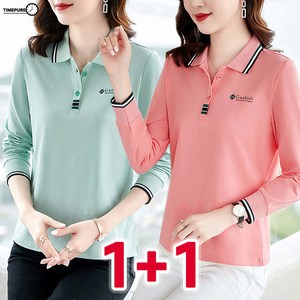 TIMEPURE 1+1 중년 여성 폴로 골프 긴팔티 봄 가을 골프웨어 캐주얼 슬림핏 이너 상의 카라 긴팔 티셔츠 루즈핏 데일리 폴로셔츠 엄마옷 2장세트 빅사이즈