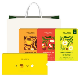 티젠 꿀차 삼각티백 3종 선물세트 + 쇼핑백, 5세트, 홍차 30g + 애플티 30g + 캐모마일 22.5g