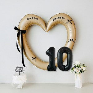연지마켓 생일 하트프레임풍선 블랙 숫자 생일파티 용품 세트 (자유레터링), 1세트, 베이지하트 숫자 10