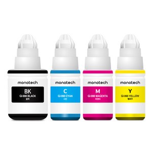 모노테크 캐논 호환잉크 세트 GI-990, 1세트, 검정+파랑+빨강+노랑