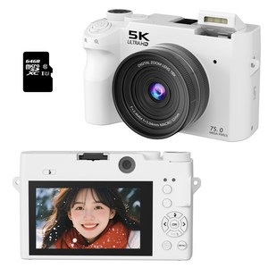 RUNHome WIFI 5K 디지털 카메라 앞뒤 7500W 캠코더 여행용 인생+64GB 메모리, 화이트