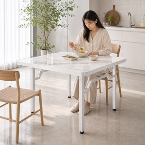 하루꿈 무조립 접이식 식탁 거실 주방 공간활용 기능성 다용도 접이식 사각 인조 대리석 테이블, 4인용, 흰색