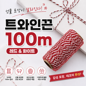 트와인끈 100m 선물 포장끈 공예끈, 레드/화이트, 1개
