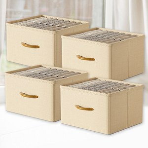 디모어 각잡힌 우드손잡이 다용도 패브릭 옷 정리 수납박스, 4개, 베이지, 중형