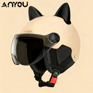 ANYOU 자외선 차단 고글 고양이 귀 안전 헬멧, 자외선 차단 짧은 쉴드+ 베이지