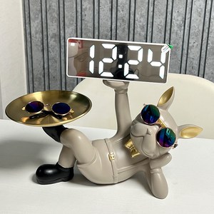 플랜와이 불독 LED 시계 인테리어 트레이 악세사리 소품 보관함 집들이 선물, 카키