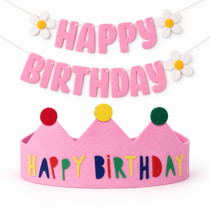 마요네스 생일 축하 가랜드 펠트 왕관 세트, 1세트, 핑크 왕관+핑크 가랜드