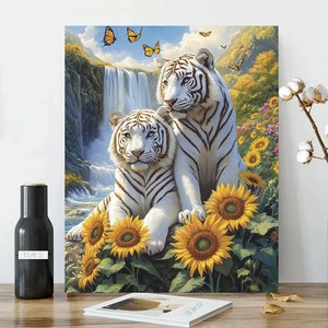 보석십자수 캔버스형 원형비즈십자수 DIY키트 40x50cm 3D 대형 선물용 재물 객실 풍수 인테리어, 1세트, 05 백호 해바라기 폭포