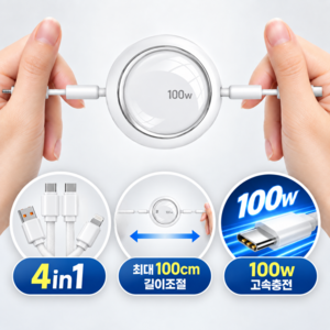 라이프썬 하나로 4 IN 1 릴타입 100w 초고속 충전 케이블 데이터전송 길이조절 자동감김, 1개, 화이트, 100cm