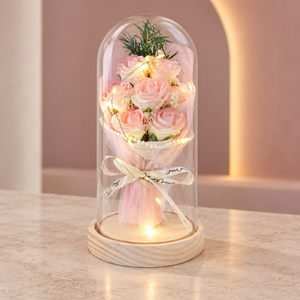 디오벨러 기념일 유리돔 LED 무드등 꽃다발 선물포장, 로맨틱 핑크