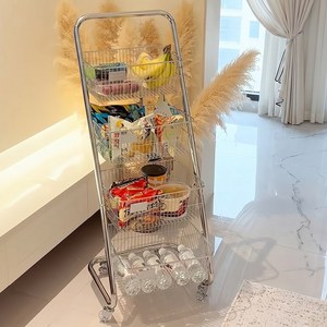 고급 트롤리 간식 정리대 과일 진열대 이동식 수납장 철제 보관함 바구니 다용도 진열장, 4단, 실버