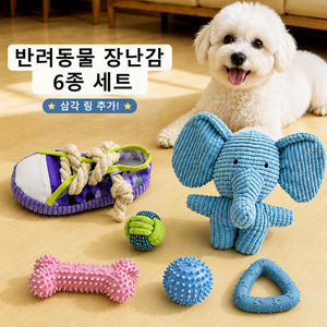 강아지 장난감 세트 로프볼 삑삑이 인형 고무 치석제거 장난감, 6개, 다채로운 색상