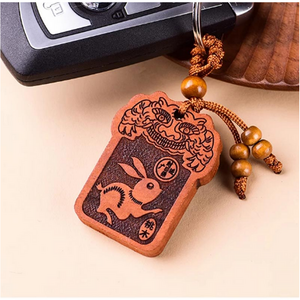 뚱보 액운차단 12지신 띠별 복숭아 나무 열쇠고리, 토끼 사각원목키링, 1개