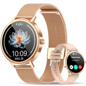 Baolubao X30-G 원형 스마트워치 1.26인치 HD 화면 밀라네즈 메탈 스트랩 음성 통화 여성 건강 생리주기 건강관리 100가지 이상 운동 모드 방수, 블루투스, 4.1cm, 골드색