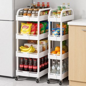 Kemei 트롤리 이동식 철제 다단 360도 회전 카트 주방 수납 선반 틈세 수납, 화이트 10-15CM, 4단