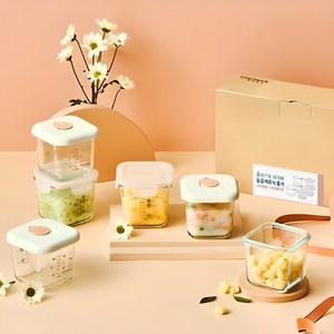 글라스락 베이비 눈금 이유식 용기 사면결착캡 3p + 스마일캡 3p, 270ml, 혼합색상, 1세트