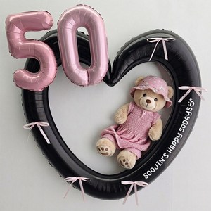 이벤트홀릭 50일 풍선 하트프레임 리본 세트(레터링 스티커 포함), 1개, 05.하트블랙 리본핑크
