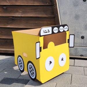종이 박스 자동차 만들기 자동차극장 교통 놀이 DIY 키트 미아아트, 본품+노랑버스세트(버스도안+감정눈+바퀴+노랑래핑), 1개, 갈색 박스 본품+노랑버스꾸미기세트