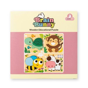 브레인버니 아기 유아 원목퍼즐 교구, 동물(거북이+원숭이+꿀벌+젖소), 1개
