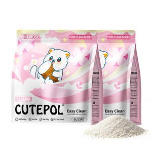 CUTEPOL 고양이 카사바 모래 먼지없는 고양이모래 대용량 저먼지, 분홍 장미향, 2개, 2.5kg