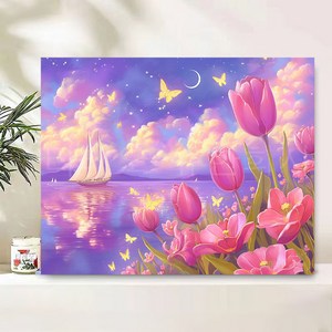 티레오 꽃보석십자수 캔버스형 40x50cm 재물십자수 비즈십자수 3D 대형보석십자수 큐빅비즈 DIY액자형취미, 16 튤립 풍경, 1개