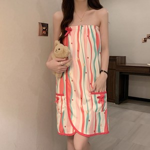 여성용 여름 얇은 수면 원피스 부드러운 샤워 목욕 가운, 1개, 핑크 스트라이프