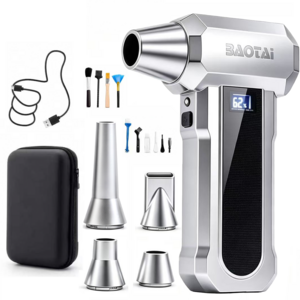 BaoTai 초강력 무선 에어건 차량용 청소기 4단계 터보 제트 블로워 300000 RPM LED 조명 배터리 잔량 표시, S9, 은색