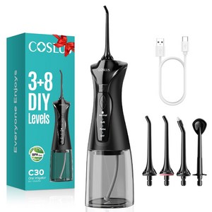 COSLUS 코슬루스 3+8 모드 무선 구강세정기 IPX7 급방수, C30, 블랙
