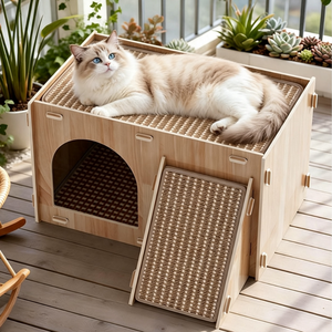 TOPETTi 고양이 숨숨집 고양이 하우스 스크래쳐 2단 내마모성 놀이 휴식 겸용 공간 45*42*48cm, 목재, 1개