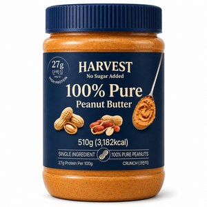 하베스트 무가당 피넛버터 크런치 100% 땅콩잼 무방부제 무색소, 1개, 510g