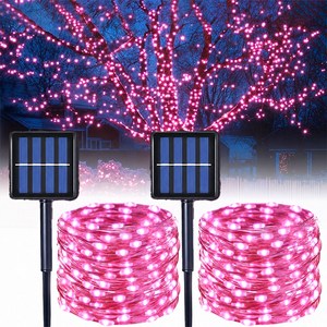 KELAKE 태양열 와이어 전구 100구 2개 태양광 정원등 LED 줄조명 12M+12M 마당 조명 장식, 핑크광