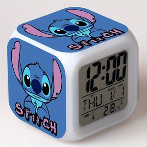 디즈니 1pcs Stitch 알람 스퀘어 칠색 변색 Led 디스플레이 온도는 책상 홈 장식 만화 캐릭터 천사 & stitch 생일 졸업 선물을 보여준다., B
