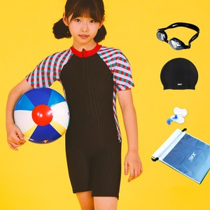 여아동 반팔 강습 생존수영 실내 수영복+수경+수모+브라+귀마개+비닐백 세트