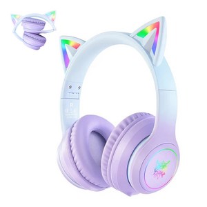ONIKUMA B90 고양이귀 무선 게임 헤드셋 RGB 노이즈캔슬링 블루투스 5.3, 퍼플색
