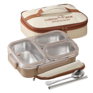 3칸 밀폐 스텐 식판 보온 도시락 +수저세트+도시락가방, 카키, 1세트