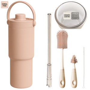 에트레 대용량 손잡이 빨대 스텐 세라믹 텀블러, 1세트, 735ml, 코랄핑크