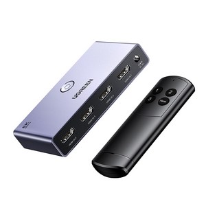 UGREEN 유그린 3:1 HDMI 2.1 선택기 8K UHD 셀렉터 240Hz 고주사율 3포트 입력 3D효과 PS5/4/3 Xbox 스위치 호환 알루미늄 케이스 리모컨 포함, Grey, 1개, CM624