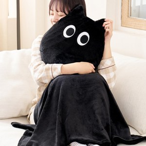 미뇽맨션 뚱냥이 블랭킷 쿠션 귀여운 검은 고양이 담요 세트 방한 한파 학교 학원 학생 수능, 1개, 블랙, 34cm