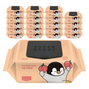 슈퍼대디 시그니처 미스터펭 피치 엠보싱 아기물티슈 캡형, 20개, 70개입, 70g