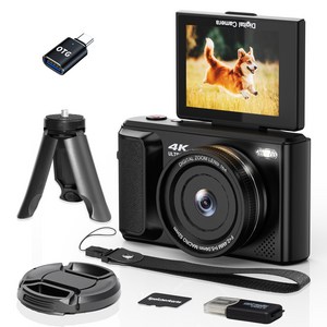 ARNSSIEN 고화질 디지털 카메라 180도 플립 스크린 휴대용 콤팩트 카메라 16배 줌 8GB 메모리카드 Y1, 블랙Y1