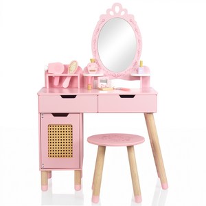 WOODENFUN 목재 어린이 공주 화장대 놀이 세트 스툴 포함 화장놀이 액세서리 풀세트 여아 역할놀이 장난감 3세이상, 핑크