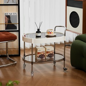 ECOHOMEY 이동식 소파 테이블 사이드 거실, 타원형 2단 아이보리