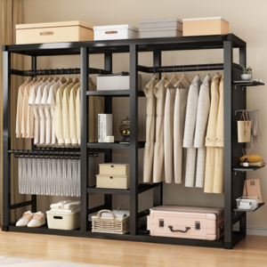 MOFINE 170cm 철제 스탠드 시스템 드레스룸 행거 수납행거 옷장행거 선반 행거, 블랙