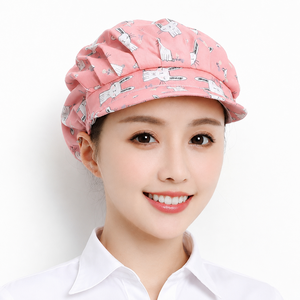 YIEUN 여성용 주방모자 두건 조리 알바 조리모 주방캡 꽃무늬 위생모자, 핑크토끼, 1개