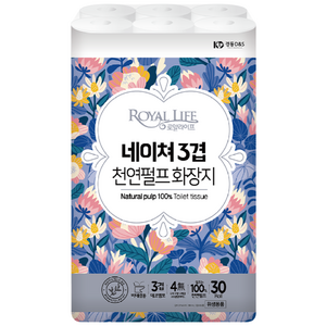 순수 천연펄프 로얄라이프 네이쳐 3겹 엠보 화장지, 27m, 30롤, 1개